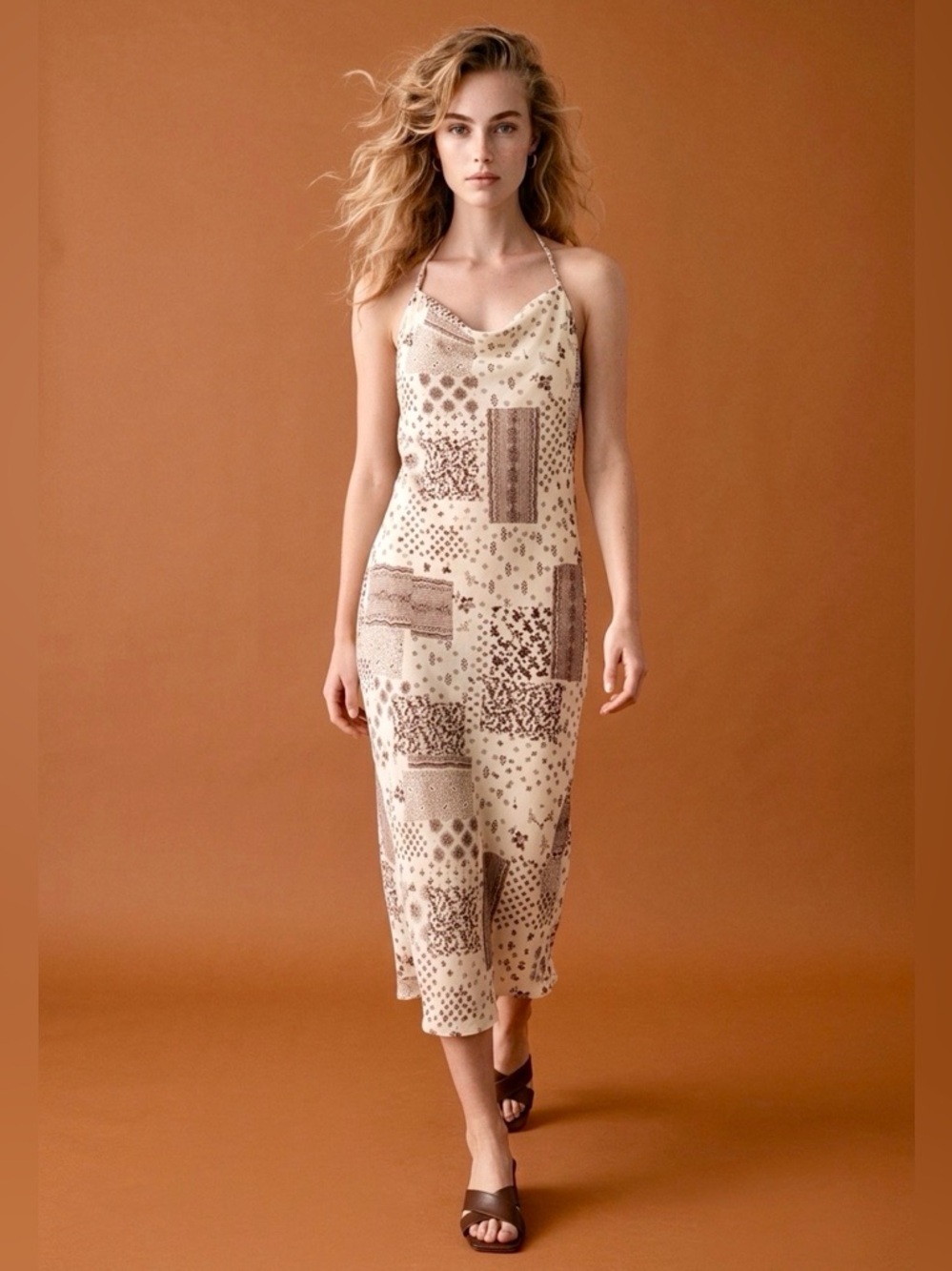 Kirious LA Cowl Neck Patchwork Sleeveless Maxi Dress in Beige Medium